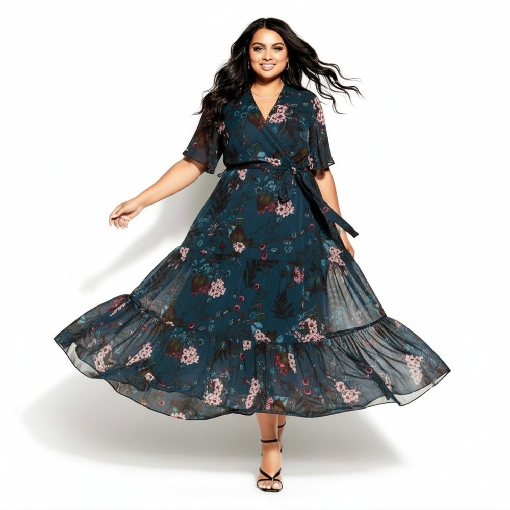 New City Chic Maxi Dress Large / 20 Teal Faux Wrap V-Neck Tiered Flutter Sleeve
